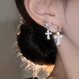 TseenYi Cz Cross Earrings Silver Cross Dangle Drop Earrings Boho Pin Stud Earrings Sparkling Crystal Crucifix Earrings Rhinestone Cross Dangle Earrings Jewelry for Women and Girls Gifts