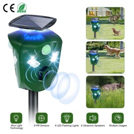 Electric Solar Powered Ultrasonic Animal Repeller 360° Ultrasonic Animal Driver with Motion Sensor LED Flashing Lights Waterproof Outdoor Animal Repellent for Farm Garden Yard