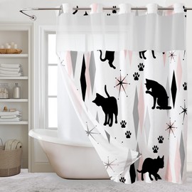 EOBTAIN No Hook Mid Century Shower Curtain with Snap in Liner Boho Cute Black Cat and Geometric Fabric Shower Curtain Pink and Gray Hookless Bathroom Curtains Shower Curtain Set Decor 71x74 Inch