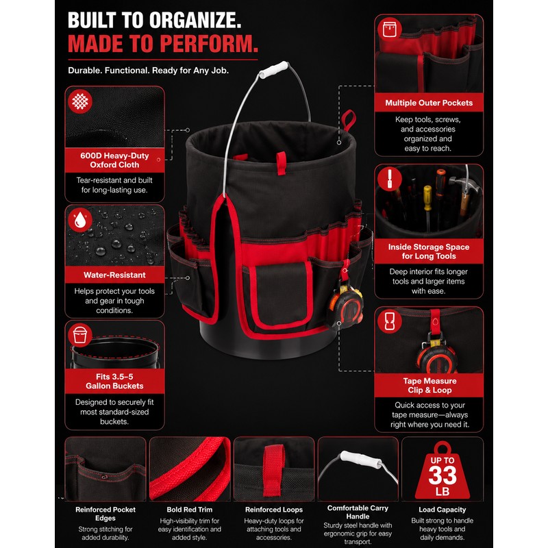 Bucket Tool Organizer for 3.5–5 Gallon Buckets – Heavy-Duty Multi-Pocket