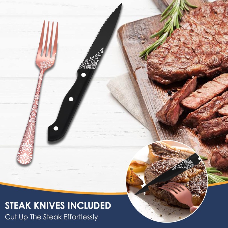 EUIRIO 72-Piece Copper Silverware Set with Steak Knives,Rose Gold Flatware