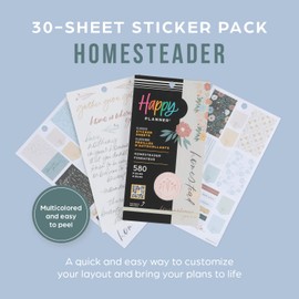 Happy Planner Sticker Pack for Calendars, Journals, and Diary Planners, Multicoloured Scrapbook Accessories, Homesteader Theme, Classic Size, 30 Sheets, 580 Total Stickers