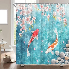 Cherry Blossom Shower Curtain Goldfish Japanese Pond Pink Flower Asian Chinese Oriental Spring Nature Scenery Watercolor Carp Bathroom Decor Curtains with Hooks