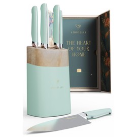 Lordelle Knife Block Set - 5 Piece Set - Coastal Green - Lifestyle Home Kitchen Design - German X50 Stainless Steel - ABS Handle - Ash Wood Block - Cooking Chef Knife, Santoku, Paring, Utility