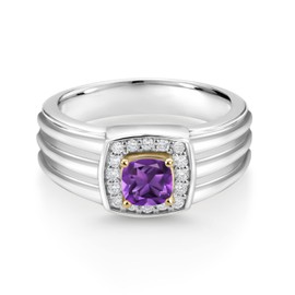 Gem Stone King Men's 5MM Cushion Gemstone Birthstone and Lab Grown Diamond Ring For Men Set In 925 Silver and 10K Yellow Gold | Available In Size 7, 8, 9, 10, 11, 12, 13