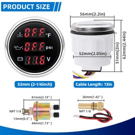 MH Triple Gauge Set - Water Temp (104°F-248°F), Oil Pressure (0-145PSI), Voltmeter (9-32V), AUTO Gauge with Sensors 2" 52mm 3-in-1 Boat Marine Meter Kit (Black and Silver)