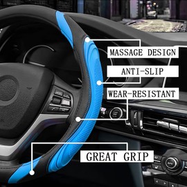 JNNJ Car Leather Steering Wheel Cover, Sport Universal 37-38cm Steering Wheel Cover, Steering Wheel Cover Breathable, Sweat Absorbent, Anti Slip, Protective Car Interior Accessories(Black/Blue)