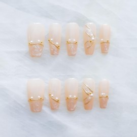 [GLORS] Luxury Pearl Press-on Nails, Long Ballerina Shape, Gold Accented Artificial Nails Set, Handmade False Nail 10 Pieces (S, LS)