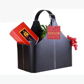 Leather Gift Basket,Magazine Newspaper Holder/Racks,Storage Organizer for Wine Flowers Fruits Candys,for holiday presents Christmas display (Black)