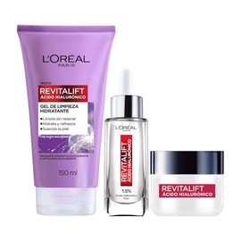 L'Oreal Paris Rutina facial hidratante Revitalift Ácido Hialurónico (3 piezas): Sérum facial 30ml + Gel limpiador 150ml + Crema de día FPS20 50ml. Hidrata y rellena líneas de expresión, para todo tipo de piel