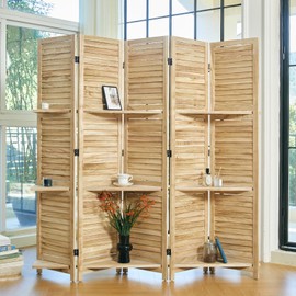 Room Divider with Shelves, 5.6 Ft Tall Folding Wood Screen with Double Hinges for Home Office Bedroom Hotel Decoration (5 Panels, Natural)