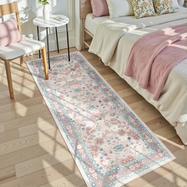 Pink Floral Runner Rug 2x6 for Kitchen Hallway Bedroom Deerly Vintage Boho Washable Bathroom Runner Rugs Non-Slip Soft Low Pile Thin Indoor Carpet for Laundry Room Farmhouse Rug, Light Pink/Blue/Multi