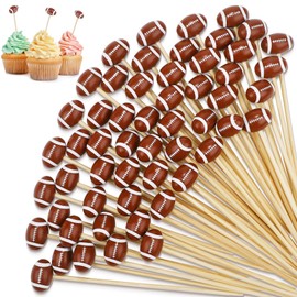 Aodaer 300 Pieces Football Decorative Sports Ball End Cocktail Skewers 4.7 Inch Bamboo Cocktail Picks Wooden Decorative Fruit Toothpicks for Appetizers Bar Drinks Fruit Sandwich Buffets Party Supplies