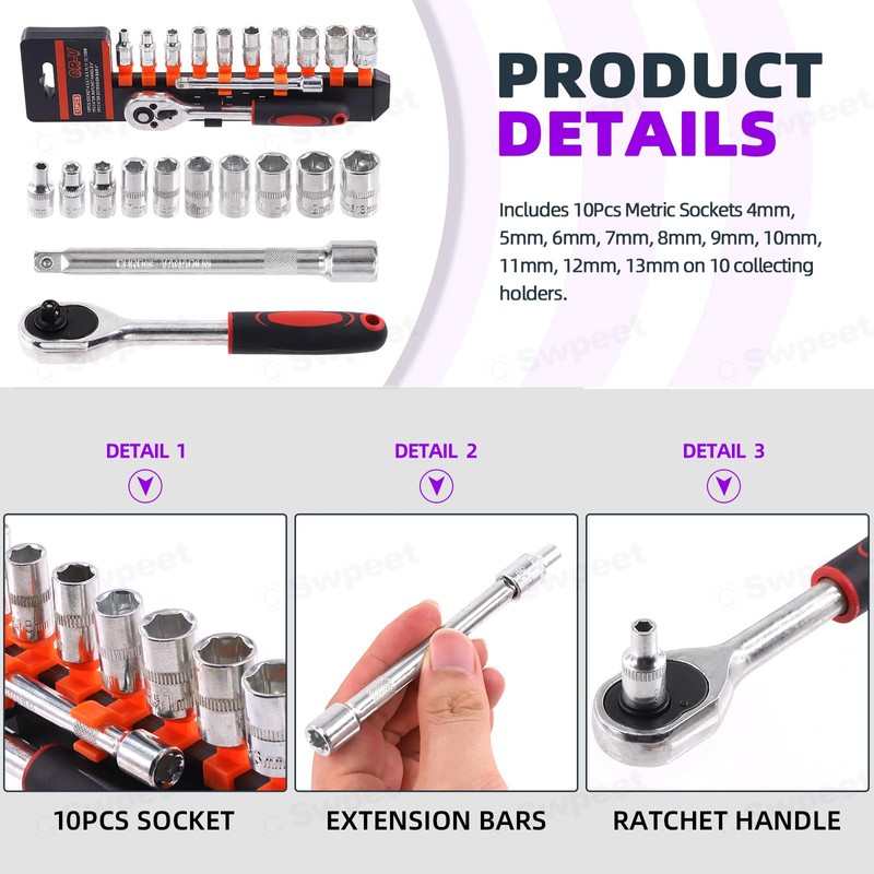 Swpeet 12Pcs 1/4 Inch Ratchet Socket Wrench Set, Drive Socket
