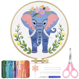 TINDTOP Embroidery Kit for Beginners Adult, Elephant Embroidery Kit for Beginners Include Embroidery Cloth Hoops Threads for Craft Lover Hand Stitch with Embroidery Skill Techniques