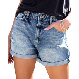 StunShow Blue Denim Shorts for Women Casual Mid Waist Frayed Raw Hem Ripped Plus Size Summer Stretchy Jean Shorts B1-Blue