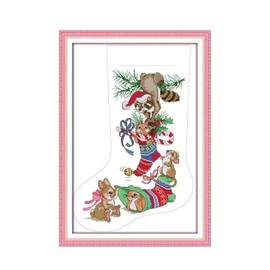 CaptainCrafts Cross Stitch Kits Stamped Cross Stitch Christmas Stocking Printed Fabrics DIY Art Embroidery Kits for Adults (Preprint 11CT, Squirrels and Rabbits)