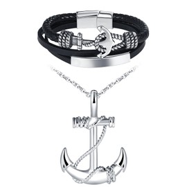 INFINIONLY Men's Stainless Steel Anchor Necklaces and Bracelets Jewellery Sets Fashion Chains with Anchor Pendant Classic Multilayer Braided Leather Bracelet with Anchor and Stainless Steel Clasp