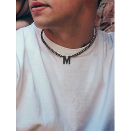 PIYIZ Men Black Cuban Link Chain 4mm Thick Chain Letter Pendant Trendy Initial N Necklace for Women, 18"+2" Extender