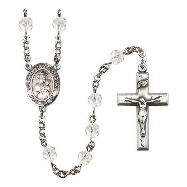 Our Lady of Czestochowa Silver-Plated Rosary 6mm April Crystal Fire