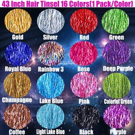 16 Colors Hair Tinsel with Tools Kit 3200 Strands Glitter Tinsel Hair Extensions 43 Inch Fairy Hair Tinsel Sparkling Shinny Festival Hair Accessories for Women Girls