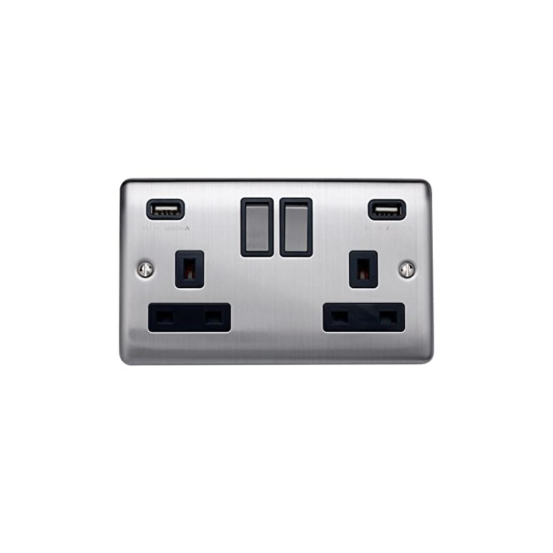 Caradok 2 Gang Double Pole switched socket with USB sockets