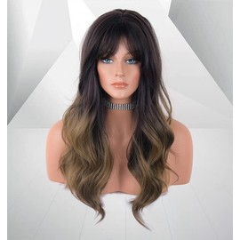 LEMEIZ LANOVA-180 Ombre Brown Wig with Bangs, Synthetic Wigs Brown Hair Wavy Wig, Fringe, Glueless Afro Wig 22 Inch