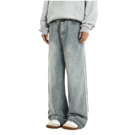 Men's Baggy Vintage Jeans Loose Fit Denim Pants with Stripes on The Side Relaxed Skateboard Denim (US, Alpha, Large, Regular, Regular, Light Blue)