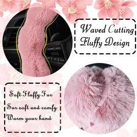 Luxury Fluffy Winter Car Steering Wheel Cover for Women, YUNXNYC Fuzzy Cute Steering Wheel Cover Soft Warm Furry Auto Plush Fur Vehicle Steering Wheel Protector Waved (Pink)