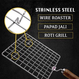 KSJONE Square Shape Stainless Steel Multi-Functional Wire Steaming Cooling and Baking Barbecue Rack Square Wire Roaster Rack/Papad Jali/Roti Grill with Wooden Handle