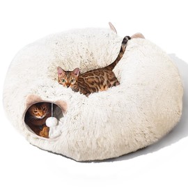Cat Tunnel with Cat Bed for Indoor Cats, Soft Plush Peekaboo Cat Cave Donut Tunnel, Multifunctional Cat Playground Toys Hideplace for Small Medium Large Cats, Kittens, Rabbit, Ferret (Cream White)