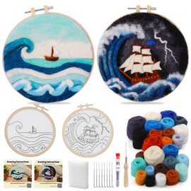 QMNNMA Needle Felting Kits, Wool Felting Kit with Picture Frame, Foam Pad, Felt Cloth, and Instructions, Needle Felt Painting Kit for Home Decoration (Sea Waves and Sailboats)