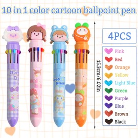 Taozoey 4 Multicoloured Ballpoint Pens, 10 in 1 Retractable Ballpoint Pen, Ballpoint Pen Multicoloured, 4 Colours Ballpoint Pen for Students, Children, Office, School Supplies
