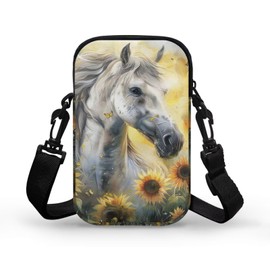 TSOVTHRID White Horse Yellow Sunflower Print Crossbody Shoulder Bag, 2 Layer Portable Travel Messenger Bags for Women