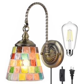 Bedside Turkish Moroccan Mosaic Stained Glass Wall Lamps for Bedroom with Plug in Cord, Bohemian Swan Neck Colored Mosaic Wall Sconce, Wall Mount Light Fixtures for Living Room Hallway Bulb Included