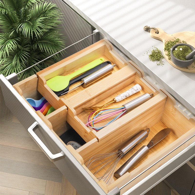 Okllen Bamboo Kitchen Drawer Organizer, Stackable 2-Tier Utensil Drawer Organizer