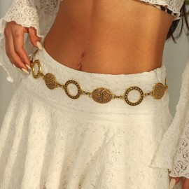 RINHOO Metal Waist Chain Belt for Women Cowgirl Chain Concho Belts for Dresses Jeans Country Concert Outfit, Gold, One Size