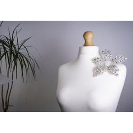 Feathers Creation Ltd Sparkling Rhinestone Curved 20 Cm Wide Applique Heavy Beads Motif Diamante Crystal Lace Patch Craft Sewing on Bridal Wedding Ball Dress Gown Iron On oe sewon (Clear)