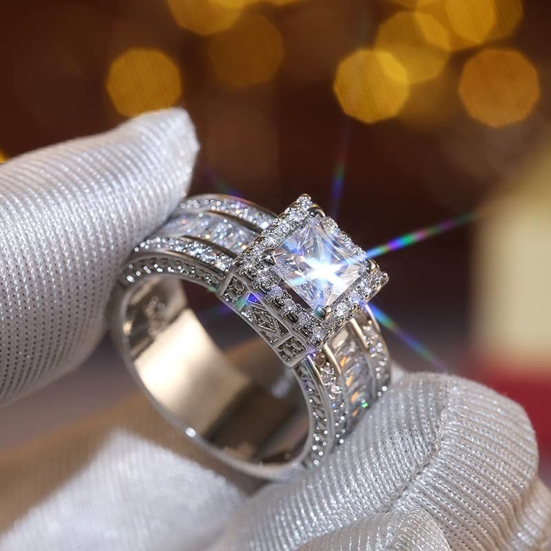 925 Sterling Silver Sparkling Diamond Square Ring, Fashionable Square Diamond,