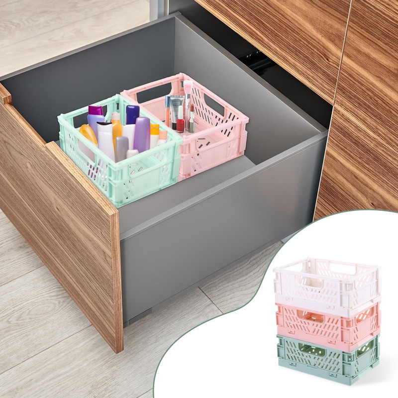 Jeffdad 3 Pack Pastel Crates, Collapsible Plastic Storage Baskets Mini