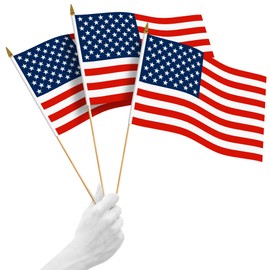 G128 50 Pack Handheld American USA Stick Flags | 12x18 In | Printed 150D Polyester, Country Flag, Solid Wooden Stick, Spear Gold Tip, Great for Patriotic Decorations