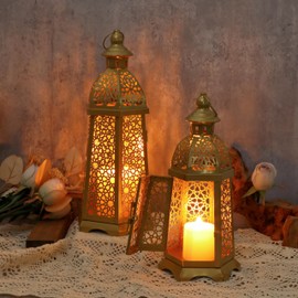 2 Pack Moroccan Lantern Lamp Decorative Candle Holders for Ramadan Decorations, Hanging, Outdoor Patio or Porch, Indoor Home Decor（Gold）