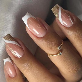 White French Tip Press on Nails Medium Square Fake Nails Pink Nude with Gold Glitter Glue on Nails Glossy False Nails Artificial Acrylic Stick on Nails Reusable Nails for Women Nail Decoration 24pcs