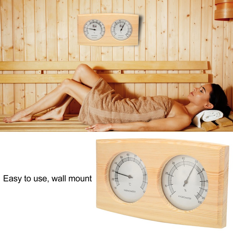 Wooden Thermometer Hygrometer for Sauna Room Double Dial Pointer Type
