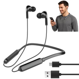 Musiook 1 PCS Wired Bluetooth Earphones, Neckband Earphones Wireless with Noise Cancelling Mic, Sweatproof Neckband Headphones for Running, Cycling, Gym, Sweat-Resistant Wireless Earphone Black