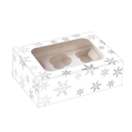 Anniversary House Christmas Cupcake Box with Window and Removable 6 Hole Insert, Silver Snowflake Foil Print, Easy Assembly, 7.5 x 16 x 23 CM, J188,White & Silver