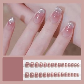 Short False Nails, Cat Eye Glitter Press on Nails, Nails Handmade Press-On Medium Long Coffin Ballerina with Flesh Color Cat Eye Design Charm Cute False Nail Tips 24 Pcs (MY095)