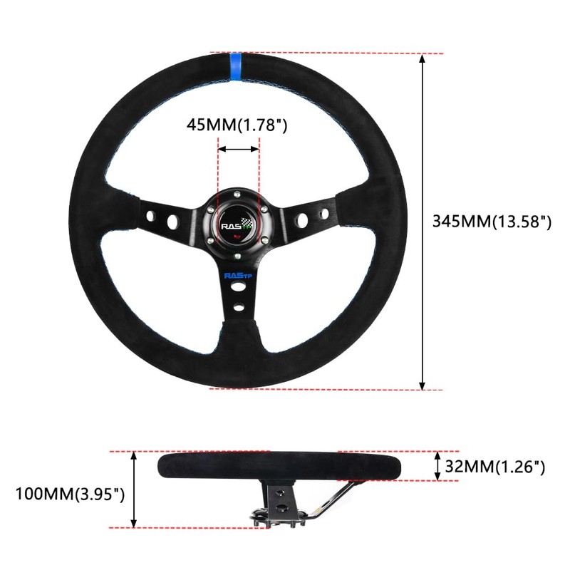 RASTP Universal Racing Steering Wheel Suede Deep Dish 13.58”/345mm 6
