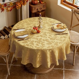 Joyfol Day Fall Thanksgiving Tablecloth, Jacquard Fabric Autumn Round Table Cloth, Countryside Leaves Waterproof Kitchen Dining Harvest Holiday Table Cover (60 Inch Round, Gold)