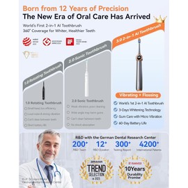 RANVOO [Vibrating & Flossing 2-in-1 AirJet Bubble Sonic Electric Toothbrush, 100% Plaque Removal, Whiter for Adult Protect Gum Orthodontic Teeth Clean Rechargeable Gift with 2 Soft Brush Heads White